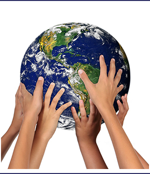 Hands cover a globe